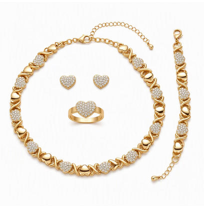 💛 50 % RABATT NU! 💎 Klassiskt smyckeset i hjärtform, 4 delar – halsband, armband, ring & örhängen i guldfärgad legering 🎀