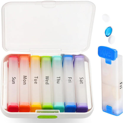 💊 50 % RABATT NU! 🌈 7-dagars avtagbar pillerorganisatör – färgkodning, dubbelt lås & rymliga fack ✨