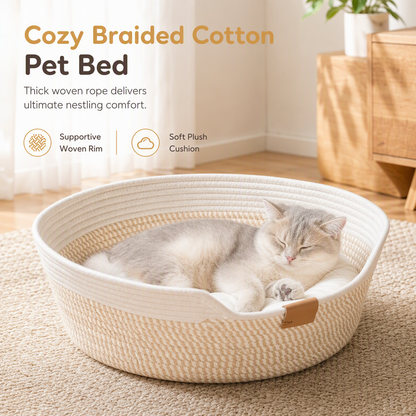 🐱 50 % RABATT NU! 🧶 Integrerad kattbädd & klösbräda – flätade bomullsväggar, plyschkudde & handvävd design för inomhuskatter 🐾