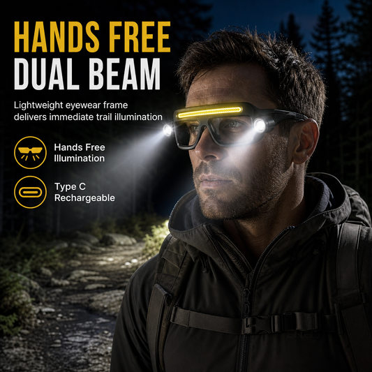 💡 50 % RABATT NU! 👓 USB-uppladdningsbar glasögonlampa – handsfree med dubbla ljus & 5 lägen, i gul och blå ✨