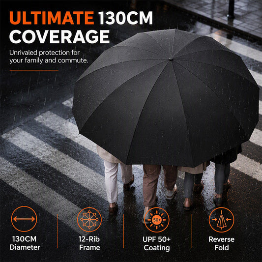 ☔ 50 % RABATT NU! 🌧️ Extra stort vindbeständigt paraply 130 cm – 12-ribb förstärkt järnstomme & UPF 50+ för upp till fyra personer 👨‍👩‍👧‍👦