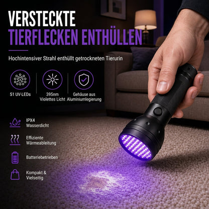 🔦 50 % RABATT NU! 💜 UV-ficklampa i aluminium med 51 LED – avslöjar dolda fläckar, verifierar sedlar & spårar i mörker 🌙