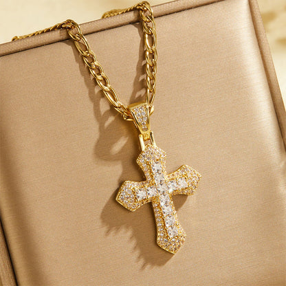 ⛓️ 50 % RABATT NU! 💎 Djärv cross-chain för streetwear – handinfattade zirkoner & Figaro-länk i guld och silver ✝️