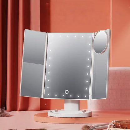 💄 50 % RABATT NU! 🔍 Tri-foldad smink spegel med 22 LED-lampor – 1X–10X förstoring & 180° rotation för perfekt ljus ✨